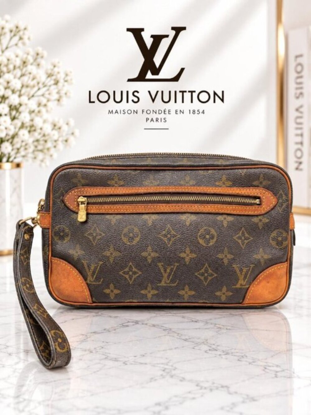 Authentic Louis Vuitton Marly Dragonne Monogram Canvas Zip Clutch Front Pocket